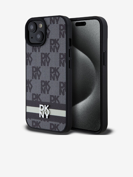 DKNY Schutzhülle für iPhone 15 aus PU-Leder mit Karomuster und Streifen Schwarz DKNY