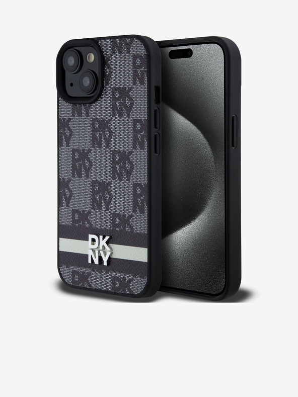 DKNY Schutzhülle für iPhone 15 aus PU-Leder mit Karomuster und Streifen Schwarz DKNY
