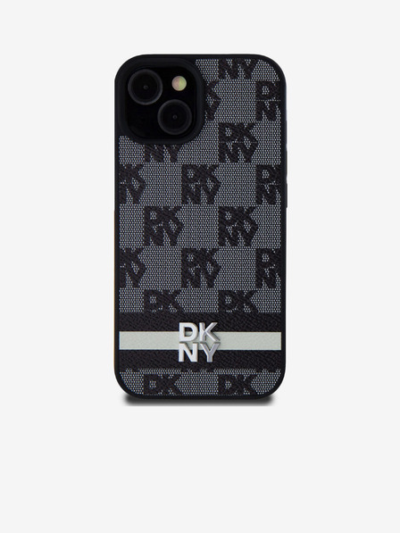 DKNY Schutzhülle für iPhone 15 aus PU-Leder mit Karomuster und Streifen Schwarz DKNY