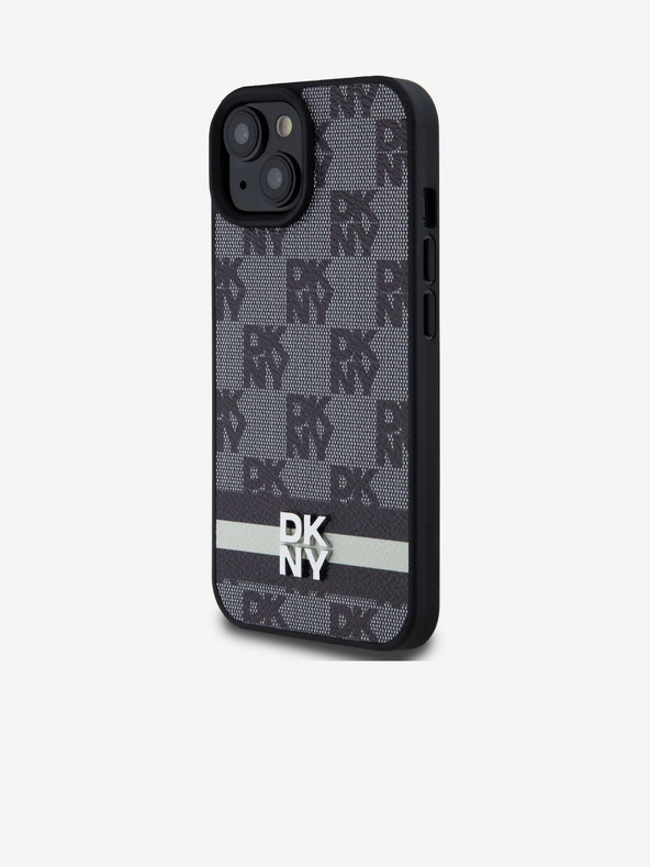 DKNY Schutzhülle für iPhone 15 aus PU-Leder mit Karomuster und Streifen Schwarz DKNY