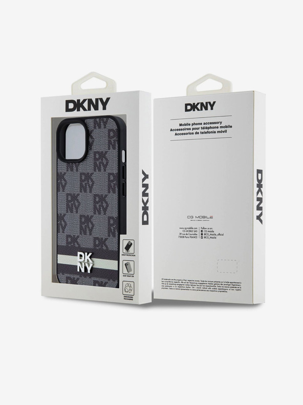 DKNY Schutzhülle für iPhone 15 aus PU-Leder mit Karomuster und Streifen Schwarz DKNY