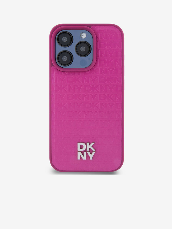 DKNY PU Leder Wiederholungsmuster Stack Logo Magsafe Rückseite für iPhone 15 Pro Max Pink DKNY