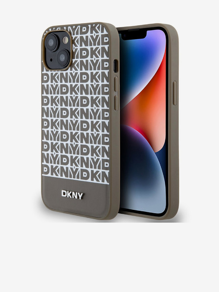 DKNY PU Leather Repeat Pattern Bottom Stripe MagSafe Back Cover for iPhone 14 Brown DKNY