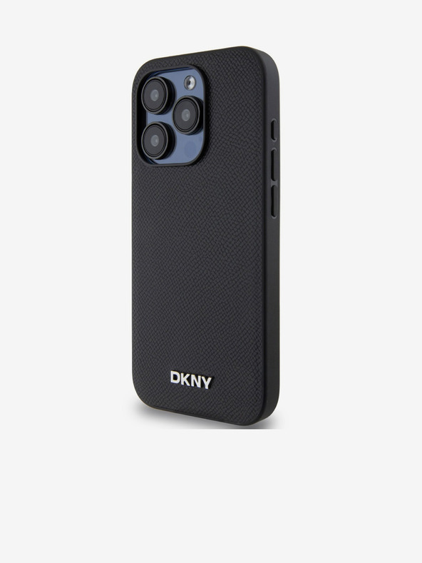 DKNY PU Leder Silber Metall Logo Magsafe Schutzhülle für iPhone 15 Pro Schwarz DKNY