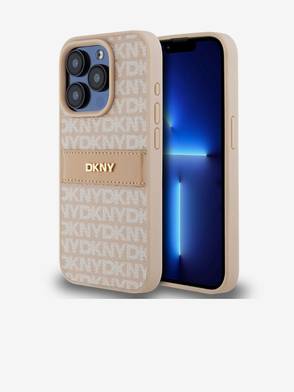 DKNY Rückseite für iPhone 15 Pro Rosa DKNY PU-Leder mit tonalem Streifenmuster und Wiederholungsmuster