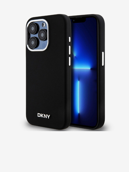 DKNY Liquid Silicone Silber Metall Logo Logo Magsafe Back Cover für iPhone 15 Pro Schwarz DKNY