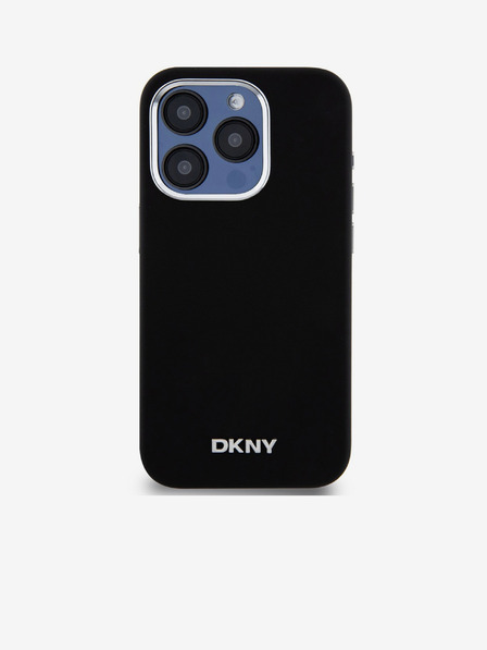 DKNY Liquid Silicone Silber Metall Logo Logo Magsafe Back Cover für iPhone 15 Pro Schwarz DKNY