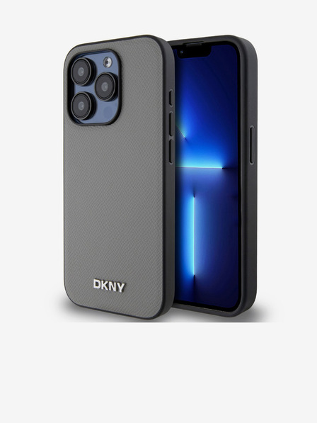 DKNY PU Leder Silber Metall Logo Magsafe Schutzhülle für iPhone 15 Pro Grau DKNY