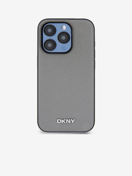 DKNY PU Leder Silber Metall Logo Magsafe Schutzhülle für iPhone 15 Pro Grau DKNY