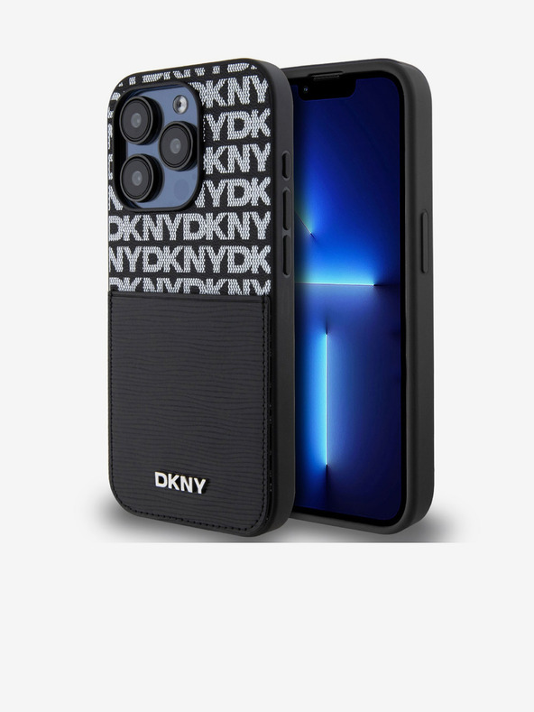 DKNY Schutzhülle für das iPhone 15 Pro Max aus PU-Leder mit Streifenmuster für die Kartentasche Schwarz DKNY