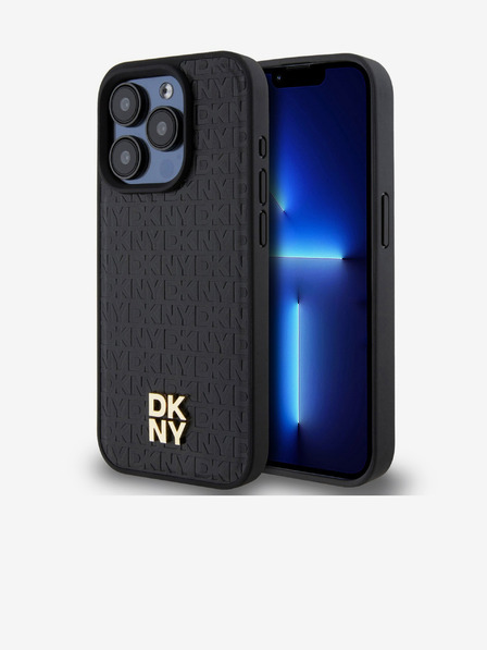 DKNY PU Leder Wiederholungsmuster Stack Logo Magsafe Back Cover für iPhone 14 Pro Schwarz DKNY