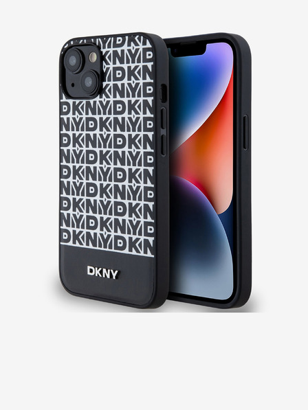 DKNY PU Leather Repeat Pattern Bottom Stripe MagSafe Back Cover for iPhone 14 Black DKNY