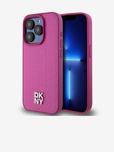 DKNY PU Leder Wiederholungsmuster Stack Logo Magsafe Schutzhülle für iPhone 15 Pro Pink DKNY