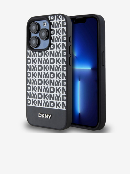 DKNY PU Leather Repeat Pattern Bottom Stripe MagSafe Back Cover for iPhone 15 Pro Black DKNY