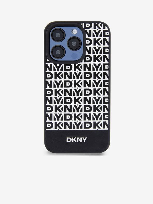 DKNY PU Leather Repeat Pattern Bottom Stripe MagSafe Back Cover for iPhone 15 Pro Black DKNY