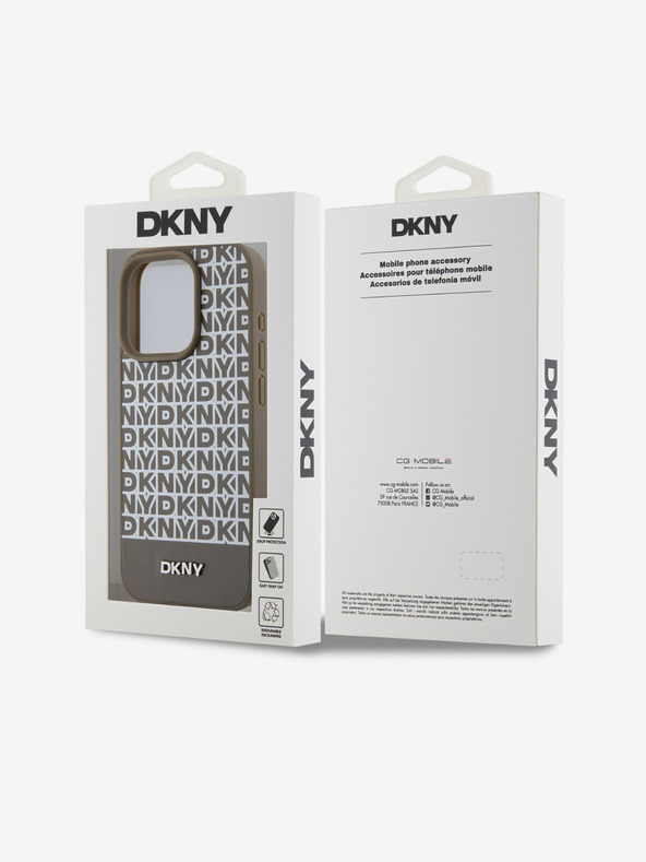 DKNY PU Leather Repeat Pattern Bottom Stripe MagSafe Back Cover for iPhone 15 Pro Brown DKNY