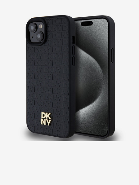 DKNY PU Leder Repeat Pattern Stack Logo Magsafe Back Cover für iPhone 15 Plus Schwarz DKNY