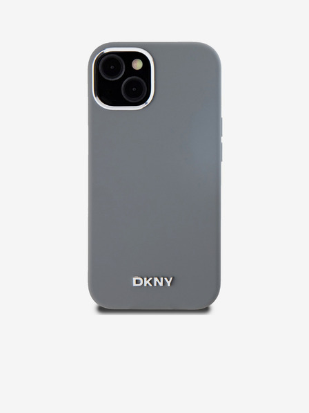 DKNY Liquid Silicone Silber Metall Logo Magsafe Back Cover für iPhone 15 Grau DKNY