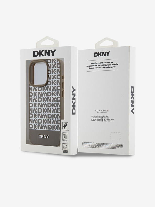 DKNY PU Leather Repeat Pattern Bottom Stripe MagSafe Back Cover for iPhone 14 Pro Brown DKNY