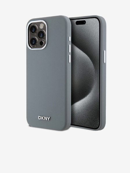 DKNY Liquid Silicone Silber Metall Logo Magsafe Back Cover für iPhone 15 Pro Max Grau DKNY