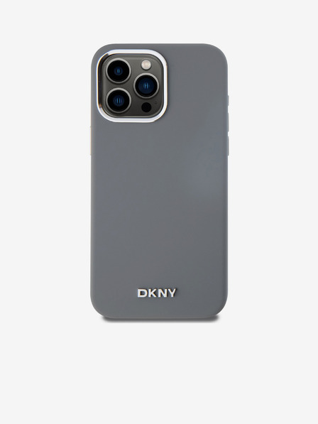 DKNY Liquid Silicone Silber Metall Logo Magsafe Back Cover für iPhone 15 Pro Max Grau DKNY