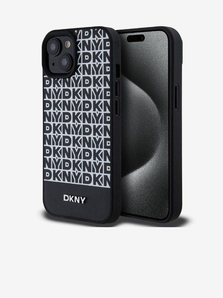 DKNY PU Leather Repeat Pattern Bottom Stripe MagSafe Back Cover for iPhone 15 Black DKNY