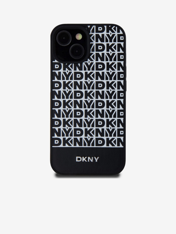 DKNY PU Leather Repeat Pattern Bottom Stripe MagSafe Back Cover for iPhone 15 Black DKNY