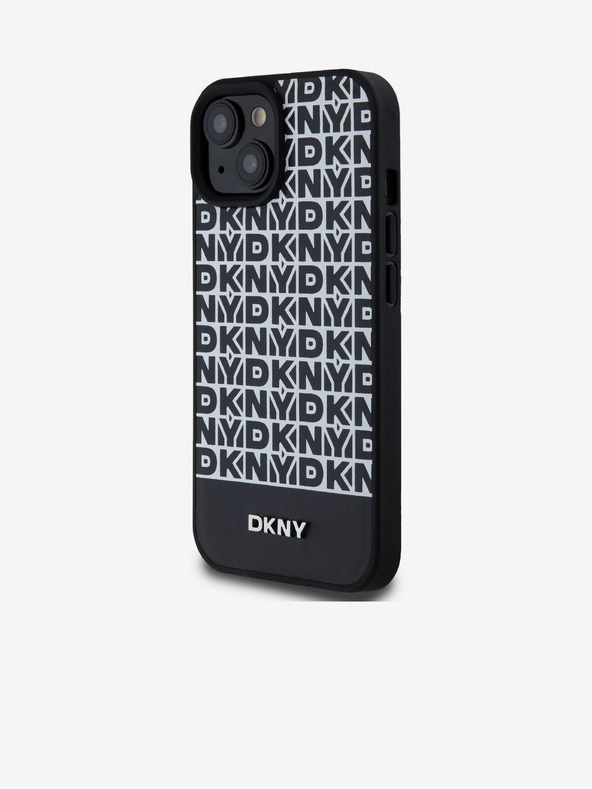 DKNY PU Leather Repeat Pattern Bottom Stripe MagSafe Back Cover for iPhone 15 Black DKNY