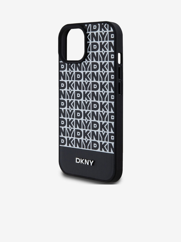 DKNY PU Leather Repeat Pattern Bottom Stripe MagSafe Back Cover for iPhone 15 Black DKNY