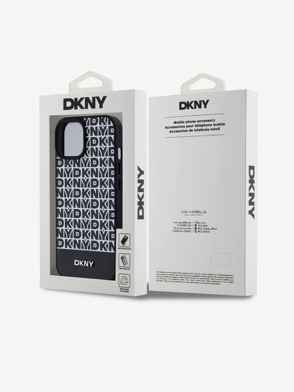 DKNY PU Leather Repeat Pattern Bottom Stripe MagSafe Back Cover for iPhone 15 Black DKNY