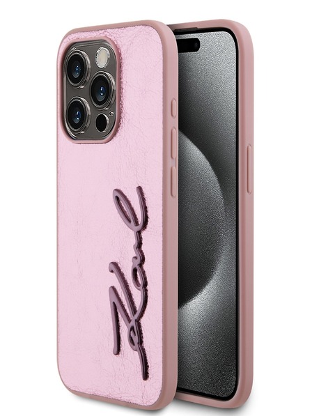 Karl Lagerfeld Faltenreiche PU Signature Logo Rückseite für iPhone 15 Pro Rosa Karl Lagerfeld