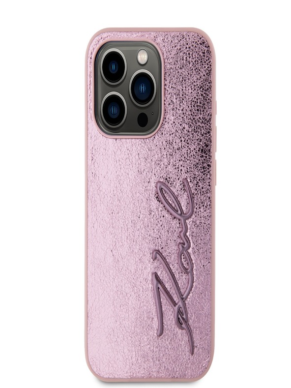 Karl Lagerfeld Faltenreiche PU Signature Logo Rückseite für iPhone 15 Pro Rosa Karl Lagerfeld