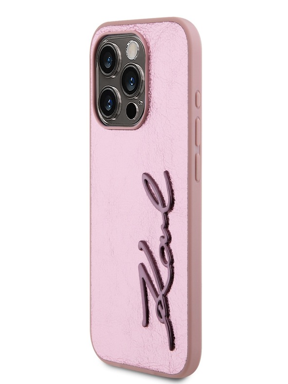 Karl Lagerfeld Faltenreiche PU Signature Logo Rückseite für iPhone 15 Pro Rosa Karl Lagerfeld
