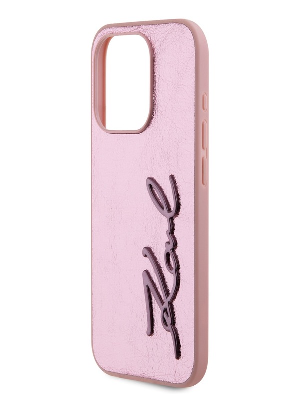 Karl Lagerfeld Faltenreiche PU Signature Logo Rückseite für iPhone 15 Pro Rosa Karl Lagerfeld
