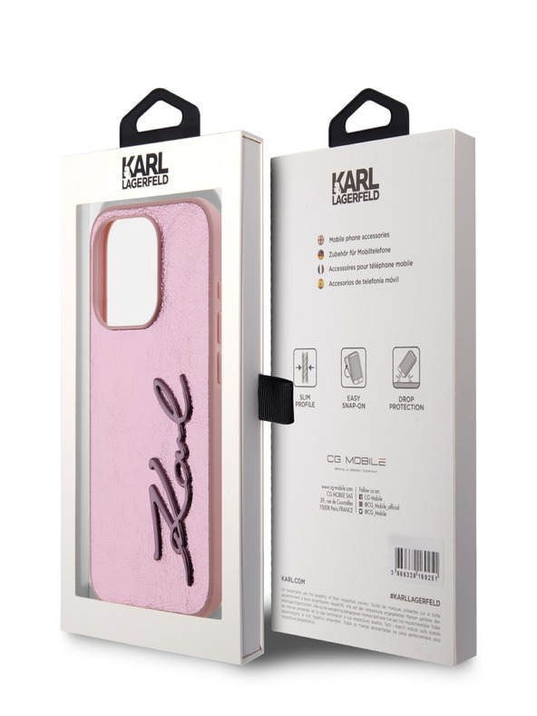 Karl Lagerfeld Faltenreiche PU Signature Logo Rückseite für iPhone 15 Pro Rosa Karl Lagerfeld