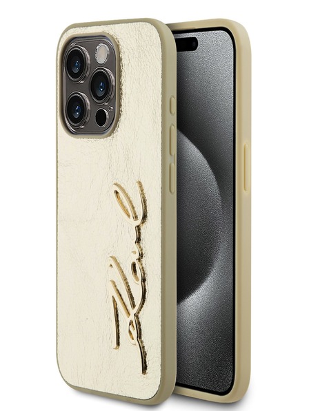 Karl Lagerfeld Runzelige PU Signature Logo Rückseite für iPhone 15 Pro Max Gold Karl Lagerfeld
