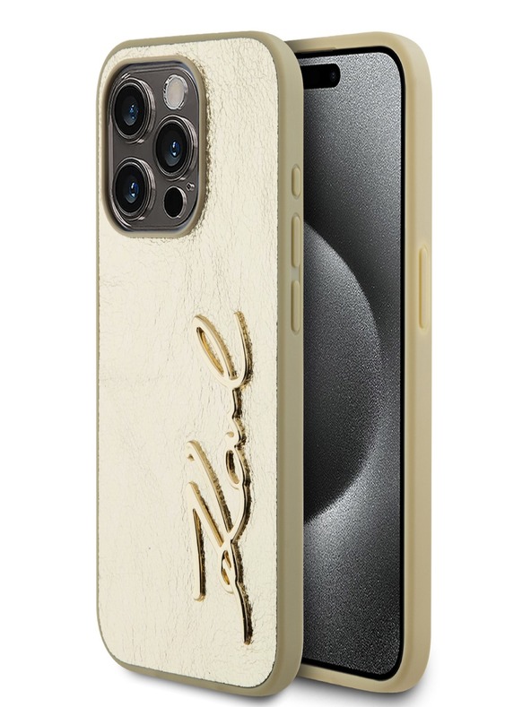 Karl Lagerfeld Runzelige PU Signature Logo Rückseite für iPhone 15 Pro Max Gold Karl Lagerfeld
