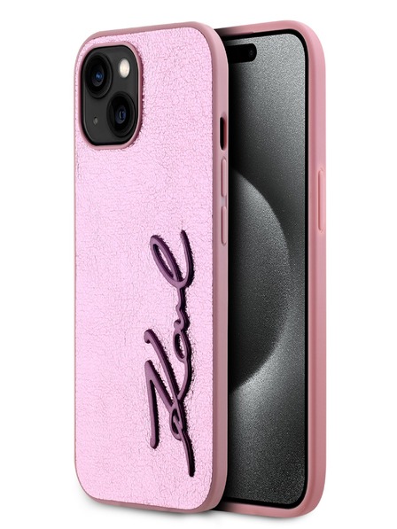 Karl Lagerfeld Wrinkled PU Signature Logo Back Cover für iPhone 15 Pink Karl Lagerfeld