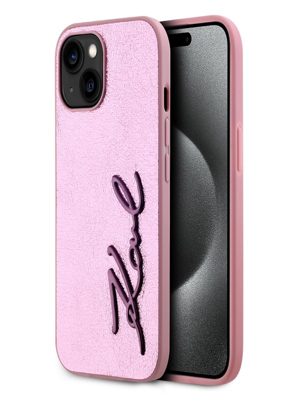 Karl Lagerfeld Wrinkled PU Signature Logo Back Cover für iPhone 15 Pink Karl Lagerfeld