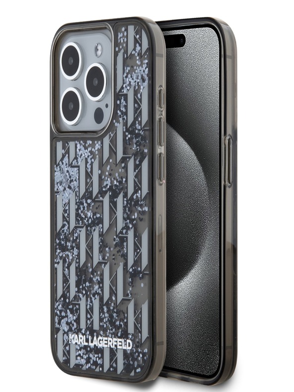 Karl Lagerfeld Liquid Glitter Monogram Gradient Back Cover für iPhone 15 Pro Schwarz Karl Lagerfeld