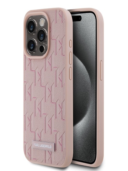Karl Lagerfeld PU Leder Monogramm Metall Logo Magsafe Back Cover für iPhone 15 Pro Max Rosa Karl Lagerfeld