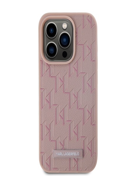 Karl Lagerfeld PU Leder Monogramm Metall Logo Magsafe Back Cover für iPhone 15 Pro Max Rosa Karl Lagerfeld