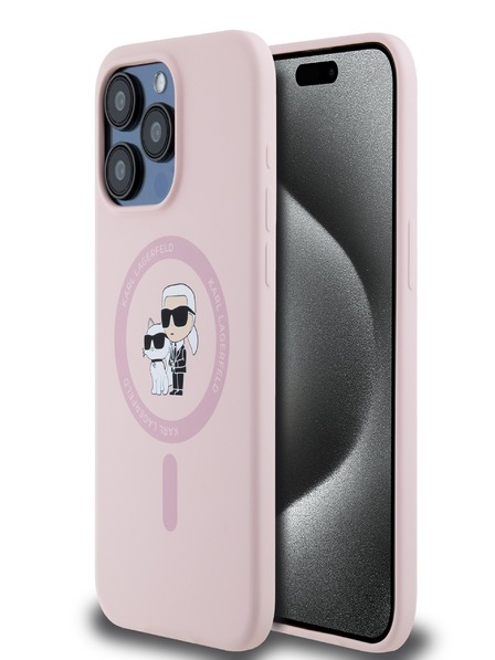Karl Lagerfeld Liquid Silicone Karl und Choupette Magsafe Back Cover für iPhone 15 Pro Rosa Karl Lagerfeld