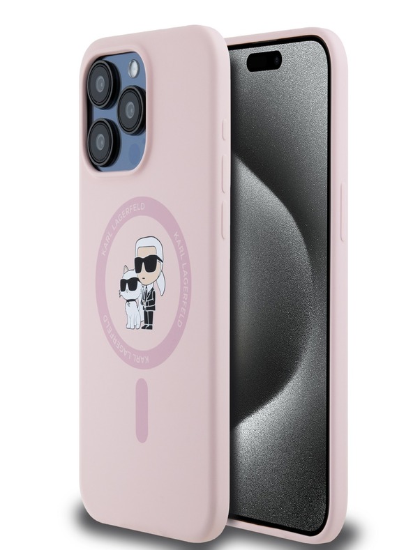 Karl Lagerfeld Liquid Silicone Karl und Choupette Magsafe Back Cover für iPhone 15 Pro Rosa Karl Lagerfeld