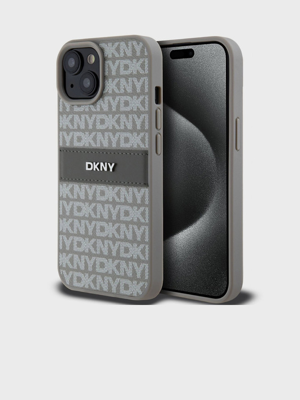 DKNY Rückseite für iPhone 15 aus PU-Leder mit tonalem Streifenmuster Beige DKNY