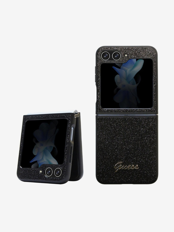 Guess Guess PC/TPU Glitter Flakes Metall Logo Back Cover für Samsung Galaxy Z Flip 5 Schwarz