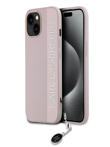 Karl Lagerfeld Karl Lagerfeld PU Saffiano Strass Charm Back Cover für iPhone 15 Pink
