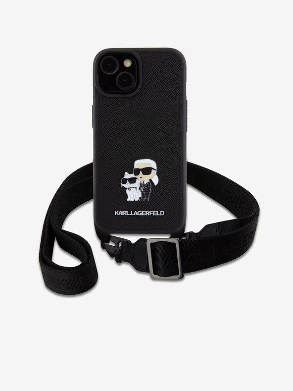 Karl Lagerfeld Karl Lagerfeld Saffiano Crossbody Strap Metall Karl und Choupette Back Cover für iPhone 15 Schwarz