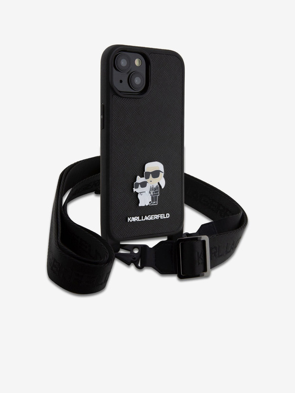 Karl Lagerfeld Karl Lagerfeld Saffiano Crossbody Strap Metall Karl und Choupette Back Cover für iPhone 15 Schwarz