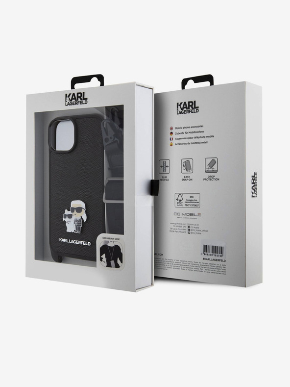 Karl Lagerfeld Karl Lagerfeld Saffiano Crossbody Strap Metall Karl und Choupette Back Cover für iPhone 15 Schwarz